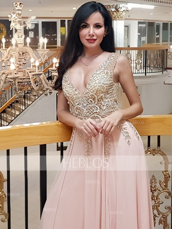 Robes de bal en tulle sans manches à perles, col en V élégant, coupe en A