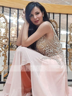 Robes de bal en tulle sans manches à perles, col en V élégant, coupe en A