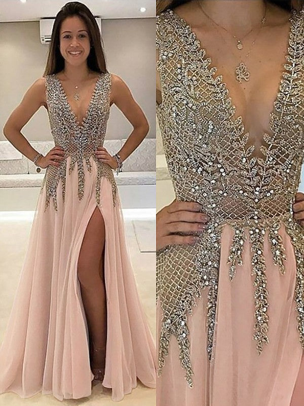Robes de bal en tulle sans manches à perles, col en V élégant, coupe en A