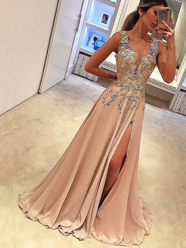 Robes de bal longues au sol en satin semblable à la soie, sans manches, col en V élégant, coupe en A avec appliques