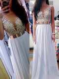 Robes de bal longues en mousseline perlée, sans manches, col en V élégant, coupe en A