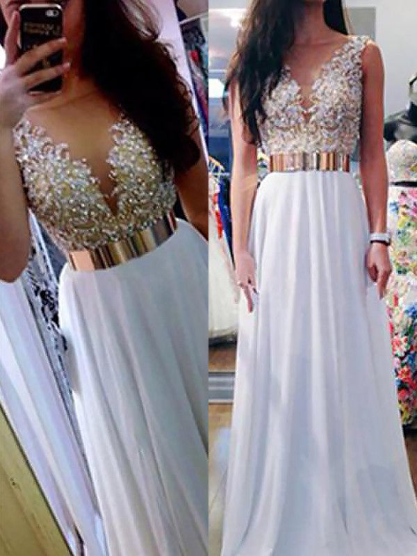 Robes de bal longues en mousseline perlée, sans manches, col en V élégant, coupe en A