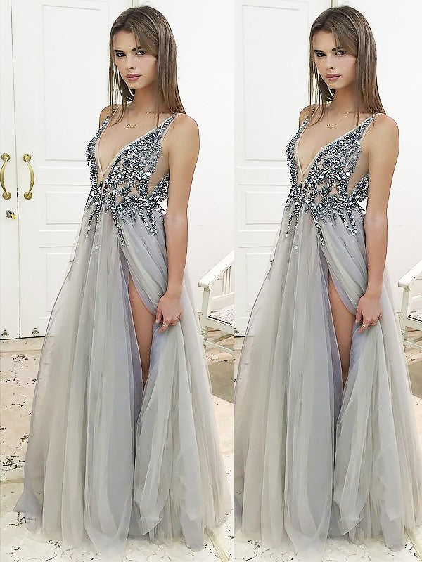 Robes de bal longues en tulle perlées, sans manches, à encolure en V, coupe droite/élégante