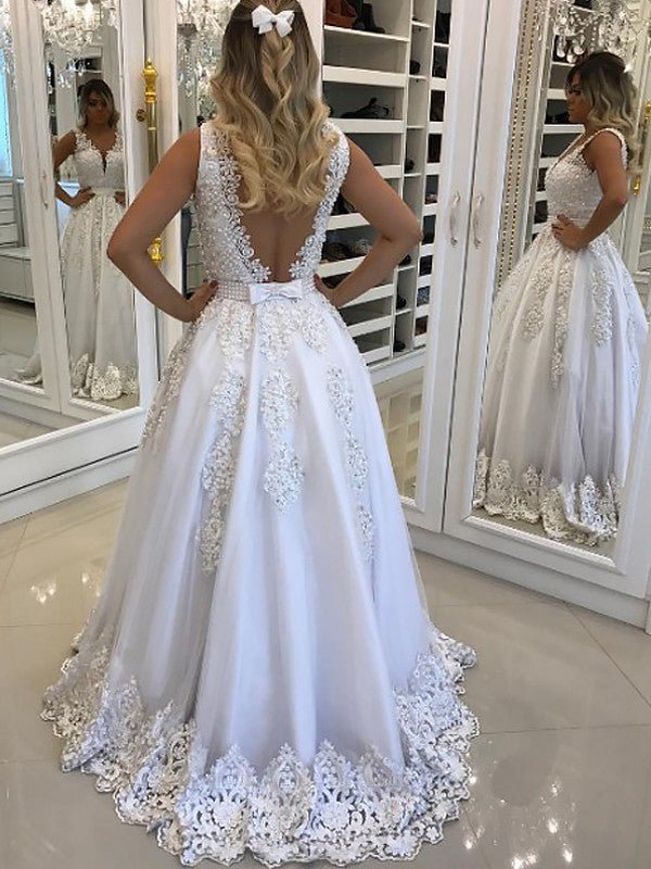 Robes de bal longues jusqu'au sol en dentelle et tulle, sans manches, à encolure en V, coupe en A/élégante