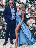 Robes de bal en satin longues jusqu'au sol, sans manches, à encolure en V élégante et coupe en A avec volants