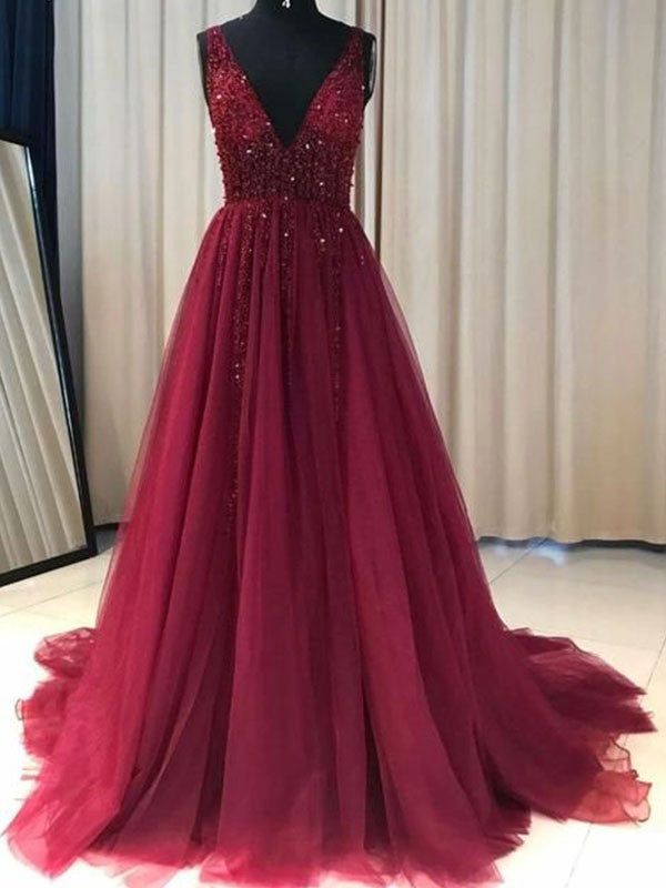 Robes de bal en tulle à volants, sans manches, col en V élégant, coupe en A