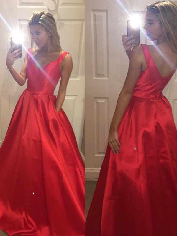 Robes de bal en satin sans manches à encolure en V, coupe en A / élégantes