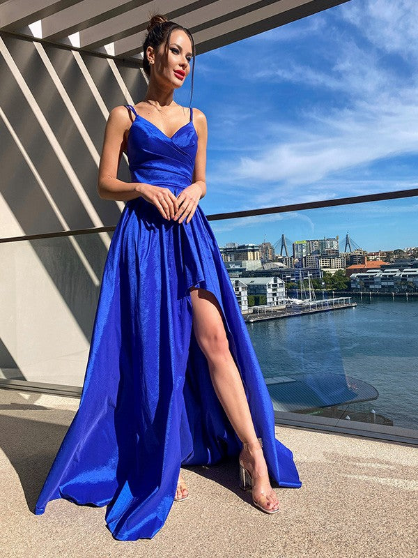 Robes de bal asymétriques sans manches en taffetas à volants, col en V, coupe en A/élégante