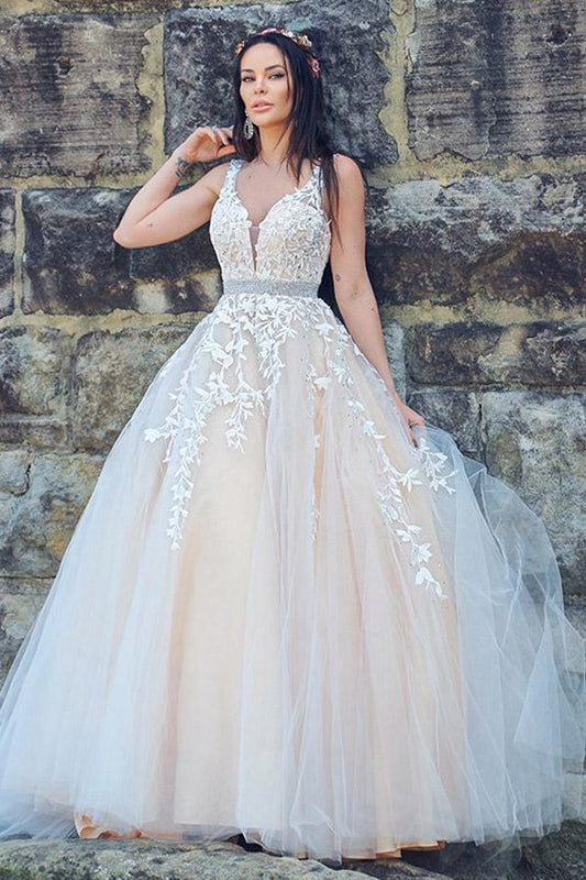 A-Line/Princess Applique Tulle Sleeveless V-neck Sweep Train Dresses