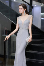 BMbridal Luxurious Beaded Mermaid Prom Dress Sleeveless V Neck Tulle Gown