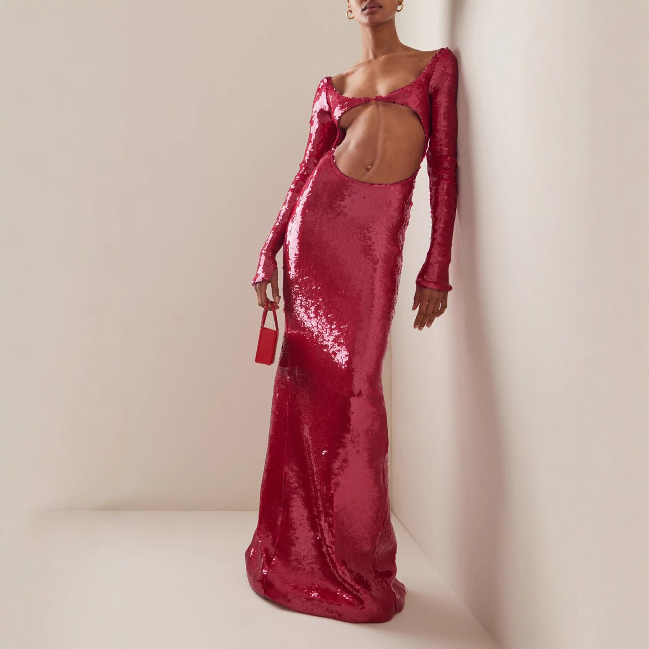 Sheer Panel Beaded Slit Prom Dress