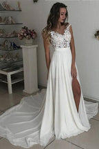 Modern Long Slit A-Line V-Neck Wedding Dress With Chiffon Lace