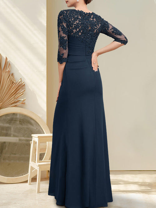Abito da madre della sposa in chiffon e pizzo, linea a trapezio, scollatura a U, lungo fino al pavimento, con perline e paillettes plissettate
