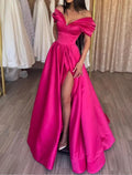 Elegante abito lungo da sera in raso fucsia acceso, linea a trapezio, scollatura a spalle scoperte, pieghe e spacco Y7644