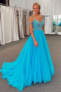 Sparkly Blue A Line Cold Shoulder Long Prom Dress