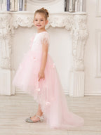Princess Sleeveless Tulle Flower Girl Dress With Beading And Feather Bow