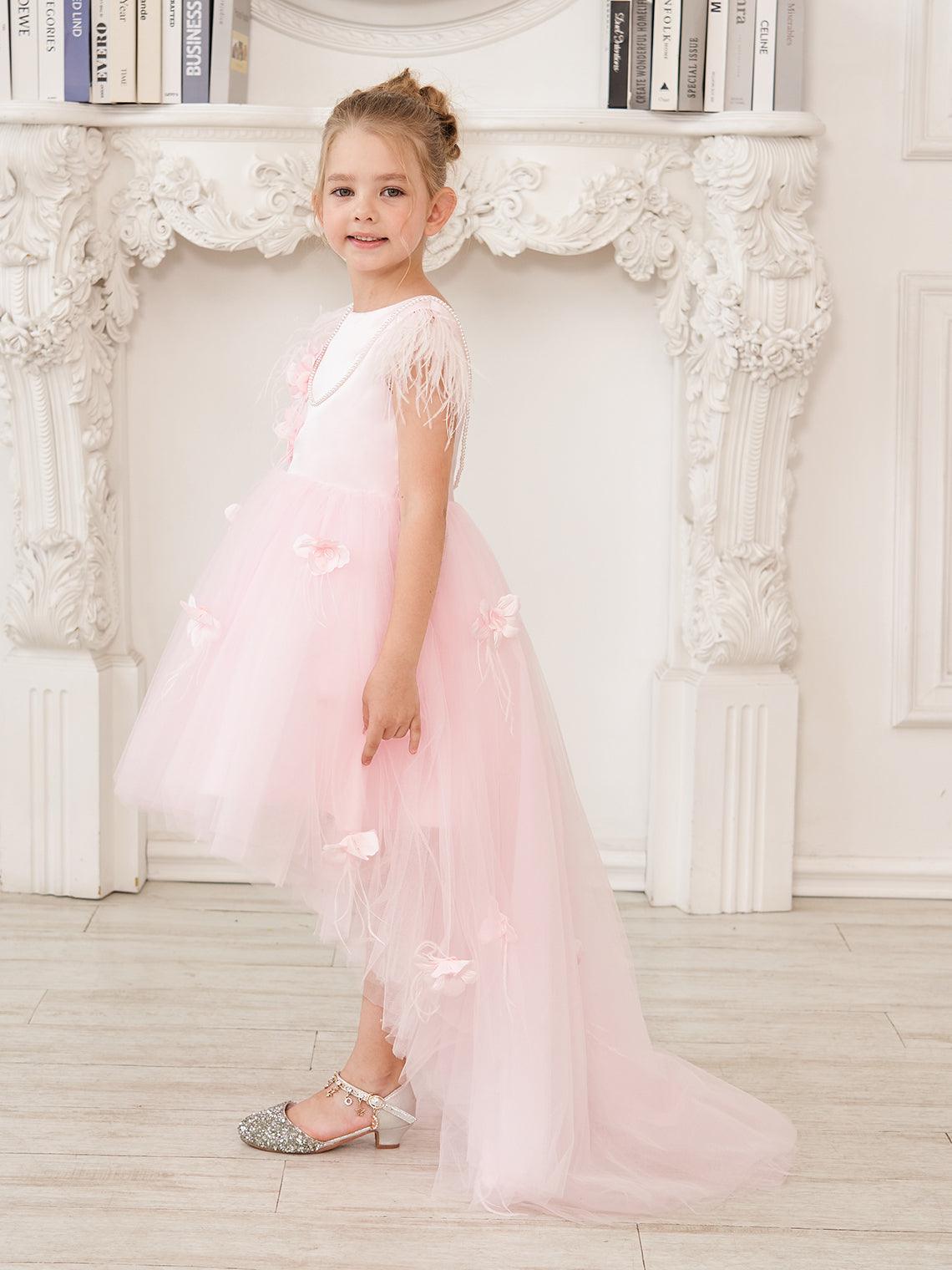 Princess Sleeveless Tulle Flower Girl Dress With Beading And Feather Bow