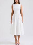 Stilvolles und elegantes einfarbiges, rückenfreies, ärmelloses Midikleid mit Rundhalsausschnitt 