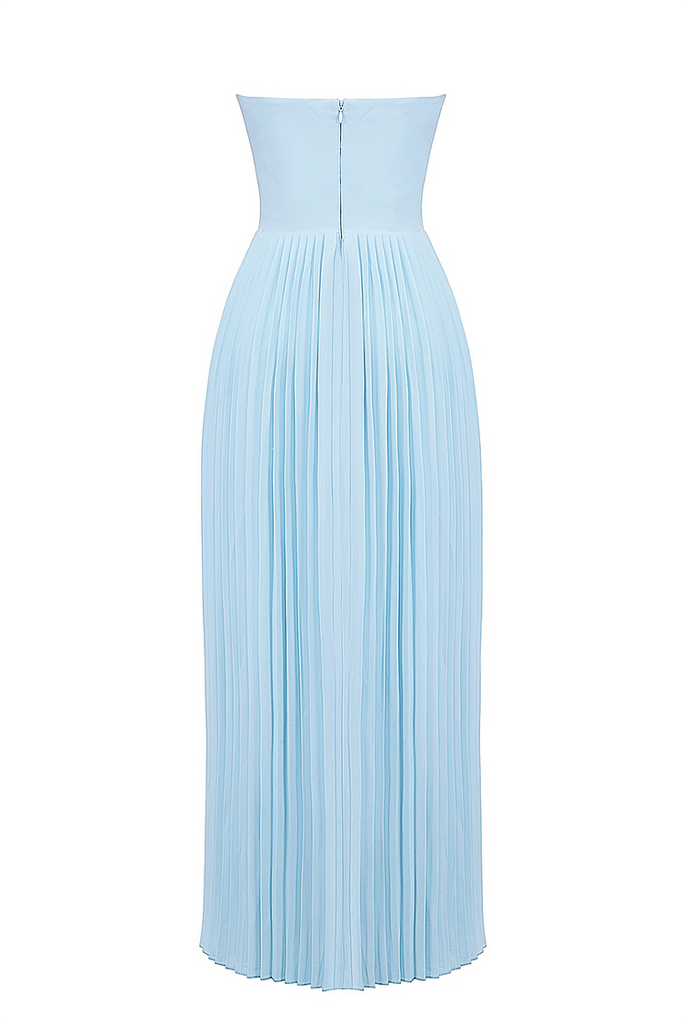 Strapless Cinch Waist Pleated Maxi Dresses-Blue Pre Order