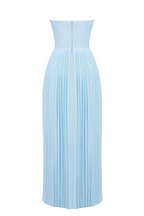 Strapless Cinch Waist Pleated Maxi Dresses-Blue Pre Order