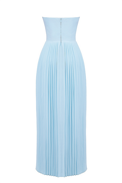Strapless Cinch Waist Pleated Maxi Dresses-Blue Pre Order