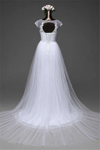 Beautiful Lace Long Mermaid Jewel Wedding Dress With Tulle Overskirt