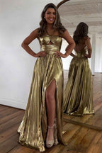 Sparkly Gold A Line Halter Neck Long Prom Dress With Keyhole Slit