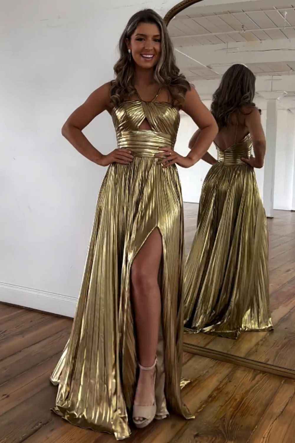 Sparkly Gold A Line Halter Neck Long Prom Dress With Keyhole Slit