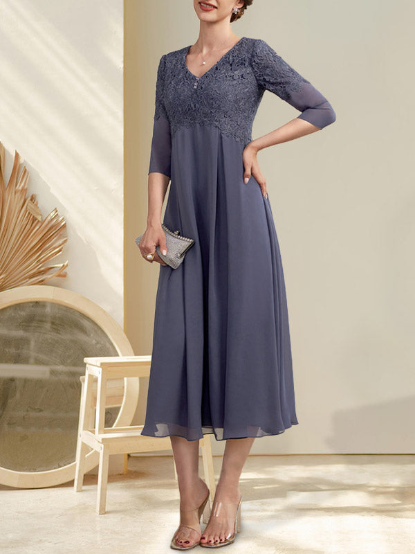 A-Linie V-Ausschnitt Wadenlang Chiffon Spitze Kleid für die Brautmutter mit Perlenbesatz