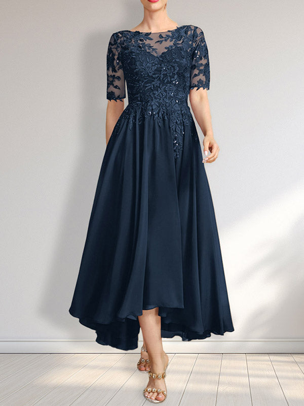 Robe de mère de la mariée en mousseline et dentelle asymétrique illusion à encolure dégagée, coupe en A, ornée de paillettes