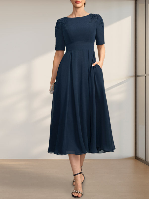 A-Linie U-Ausschnitt Wadenlang Chiffon Kleid für die Brautmutter mit Applikationen Spitze Pailletten