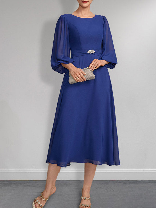 A-Linie U-Ausschnitt Wadenlang Chiffon Mutter der Braut Kleid Mit Kristall Brosche Plissee