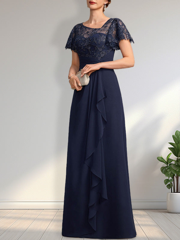 Abito da madre della sposa in pizzo e chiffon con gonna lunga a terra, linea a trapezio asimmetrica, effetto illusione, con balze a cascata e paillettes