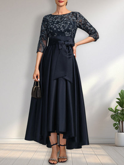 A-Linie U-Ausschnitt Illusion Asymmetrisch Satin Spitze Mutter der Braut Kleid mit Schleife