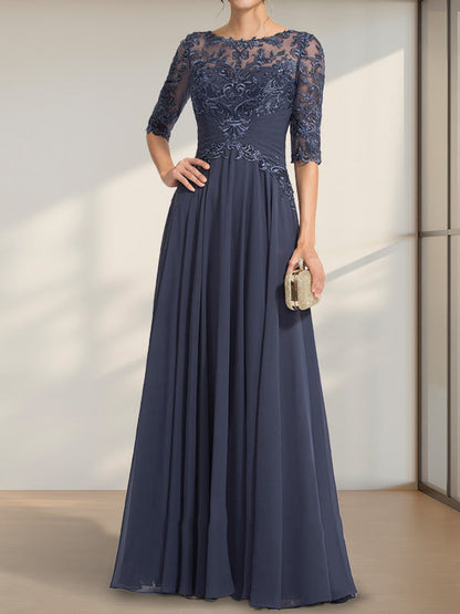 A-Linie, U-Ausschnitt, Illusion, bodenlanges Chiffon-Spitzenkleid für die Brautmutter mit plissierten Pailletten