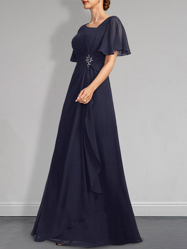Abito da madre della sposa in chiffon asimmetrico a linea ad A, lungo fino al pavimento, con perline plissettate e paillettes