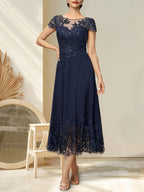 Vestido de Mãe da Noiva em Renda e Chiffon com Lantejoulas, Comprimento Chá, Decote Redondo e Corte em Linha A