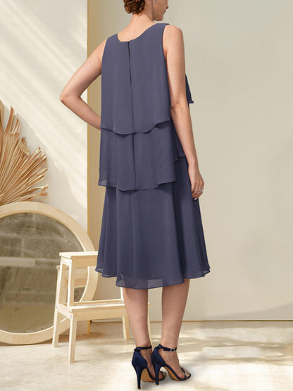 A-Linie U-Ausschnitt Knielang Chiffon Kleid für die Brautmutter mit Perlenbesatz