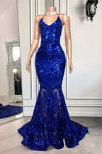 Abito lungo da sera a sirena con spalline sottili e schiena scoperta, decorato con paillettes, in blu reale
