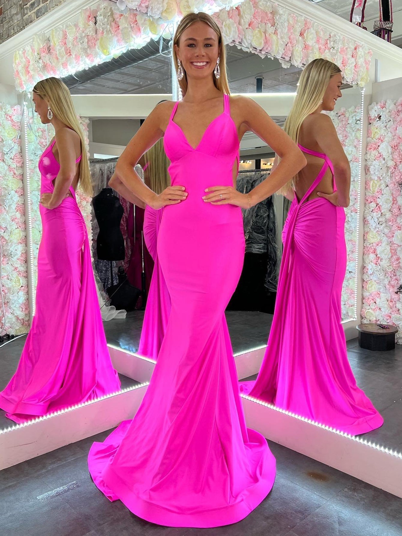 Mermaid Pink V Neck Backless Satin Long Prom Dress