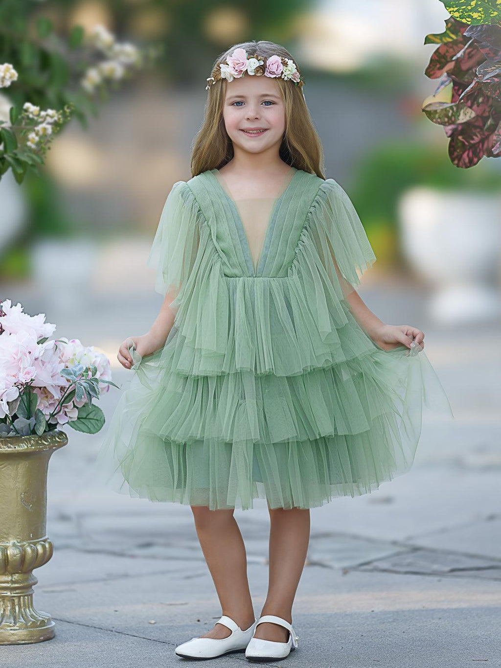 Enchanted Garden Green Tulle Flower Girl Dress Sleeveless V Back
