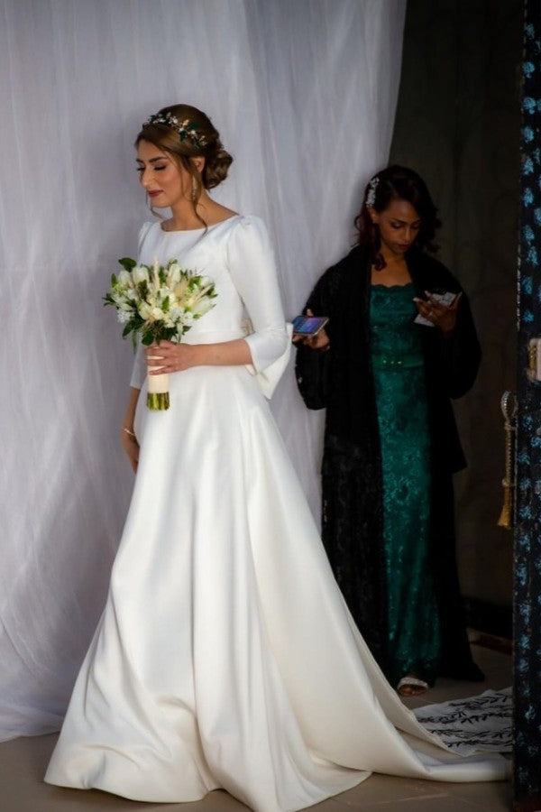 Classic Satin Long A Line Bateau Wedding Dress With Sleeves