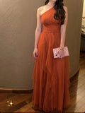 Vestido de Noite em Tule Laranja com Brilhos, Um Ombro, Vestido de Baile Y7602