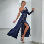One Shoulder Hollow Out Cutout Dress with Tassel Sequin – Sexy Party Evening Dress