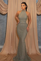 Vestido de fiesta de noche largo estilo sirena sin mangas con cuello halter