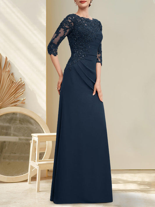 Vestido de gasa con encaje y escote redondo para madre de la novia, con lentejuelas plisadas y cuentas.