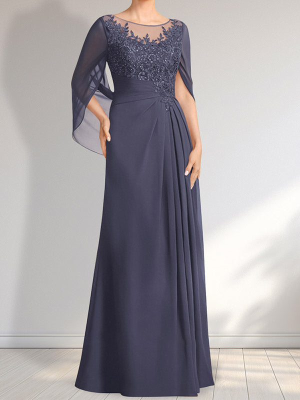 Robe de mère de la mariée en dentelle et mousseline, longueur au sol, coupe trapèze, décolleté illusion en forme de goutte, ornée de sequins plissés