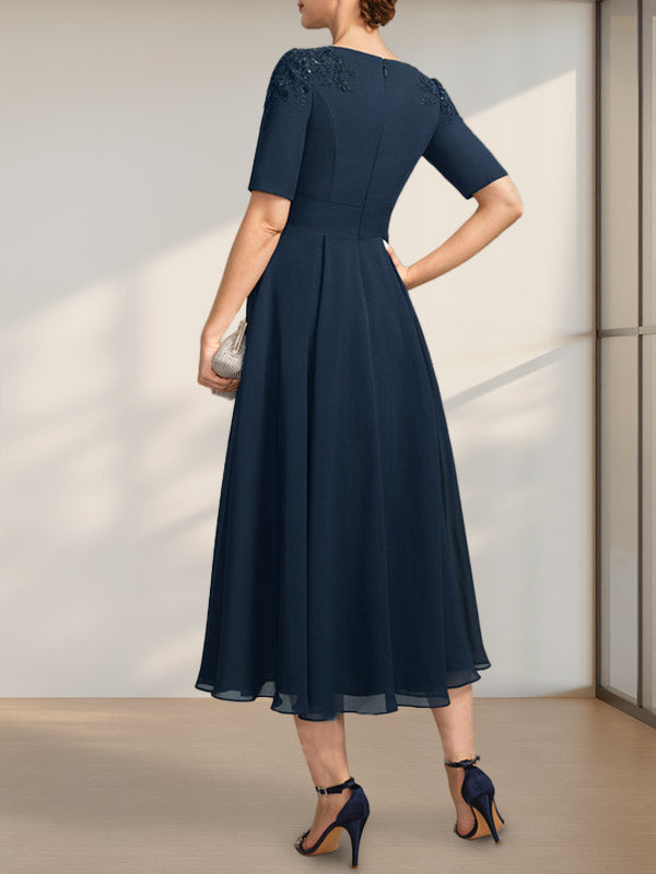 A-Linie U-Ausschnitt Wadenlang Chiffon Kleid für die Brautmutter mit Applikationen Spitze Pailletten