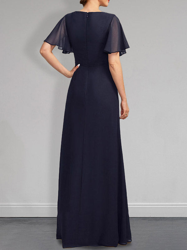 Abito da madre della sposa in chiffon asimmetrico a linea ad A, lungo fino al pavimento, con perline plissettate e paillettes