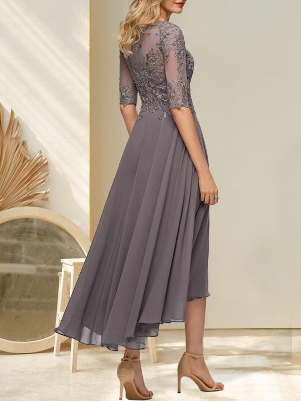 Vestido de madre de la novia de gasa asimétrica con escote barco, ilusión, encaje y lentejuelas con abalorios.